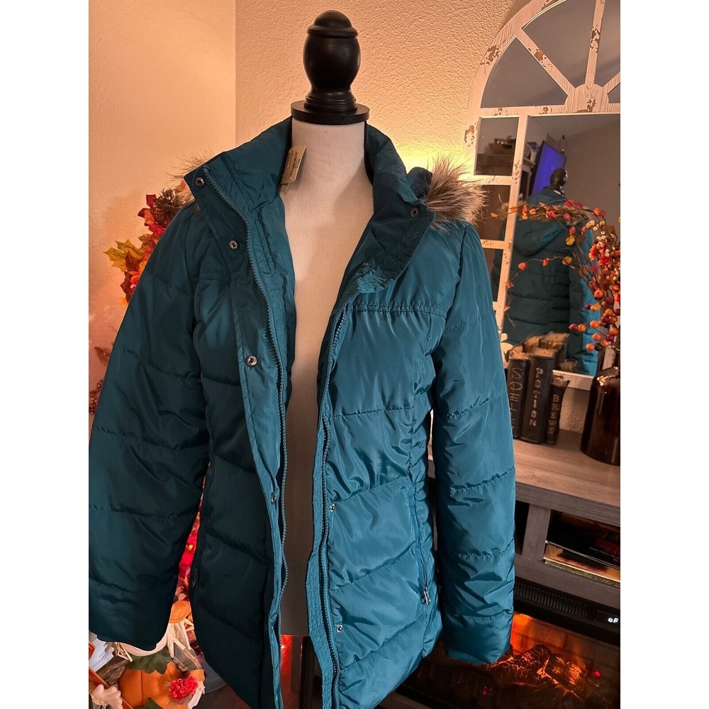 St John's Bay NWT puffer‎ coat size Small teal faux fur